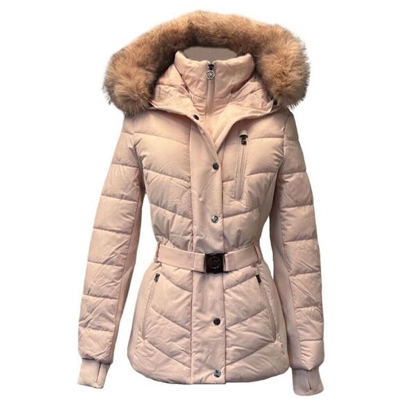 Michael Michael Kors Women Scuba Belted Hood Faux Fur Coat Jacket Blush Pink S - Picture 1 of 3